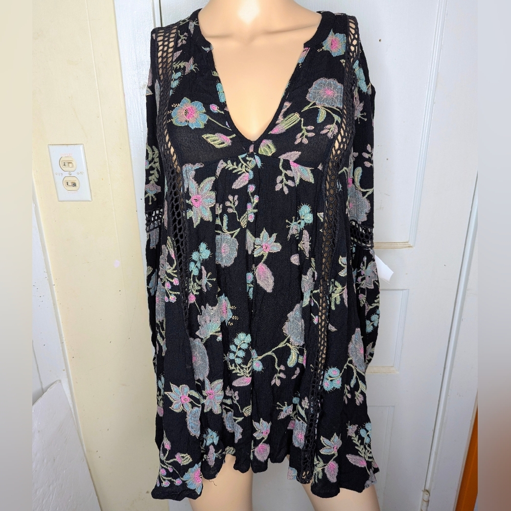 Free People Just The Two Of Us Floral Tunic Dress Black, Size Small